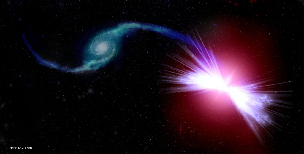A blue galaxy is being drawn into a red galaxy, initiating a red geyser.
