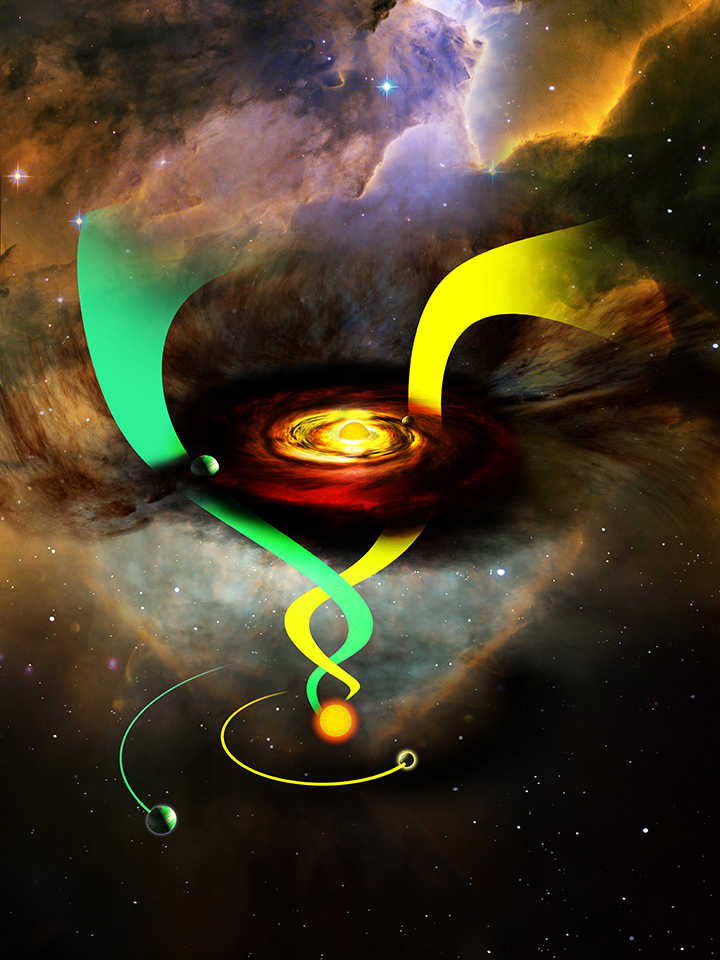 A yellow star has a red and black cloud of a protoplanetary system orbiting around it. A star with normal amounts of iron hosts a warm planet with a long-period orbit, while an iron-rich star hosts a hot planet with a short-period orbit.