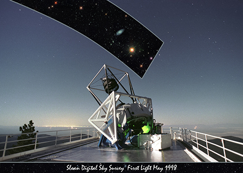 The SDSS first light sky image superimposed behind the telescope