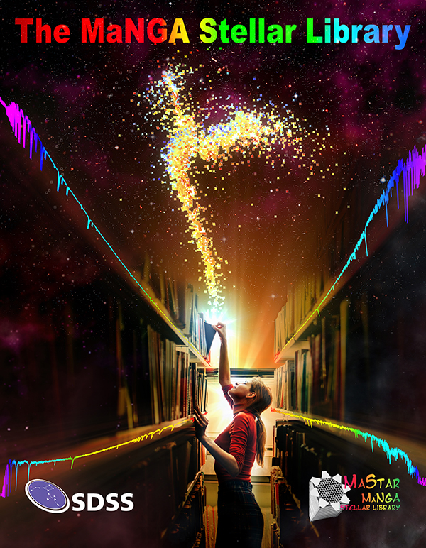 An illustration of the MaNGA stellar library. A woman gets a book from a library shelf with colorful spectra. Above her is an H-R diagram.