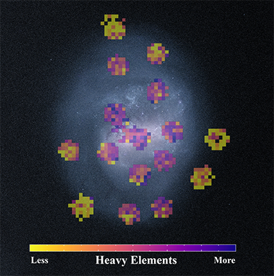 An image of a galaxy with circles of color on top. The colors vary from yellow to purple. The center of the galaxy has more purple.