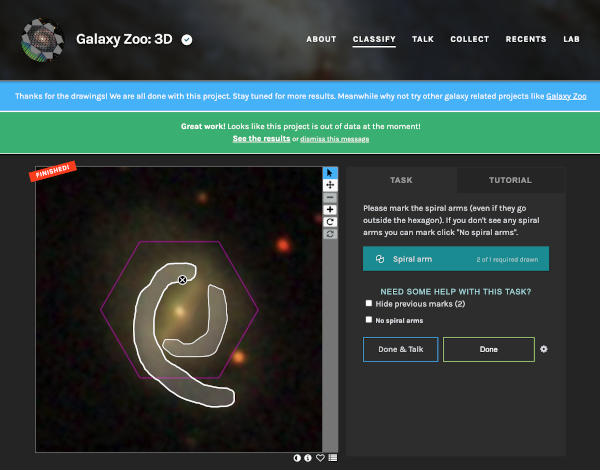 A screenshot of the Galaxy Zoo: 3D interface. A galaxy appears in the left-hand panel with a user-drawn outline over its spiral arms. A series of questions appears on the right.