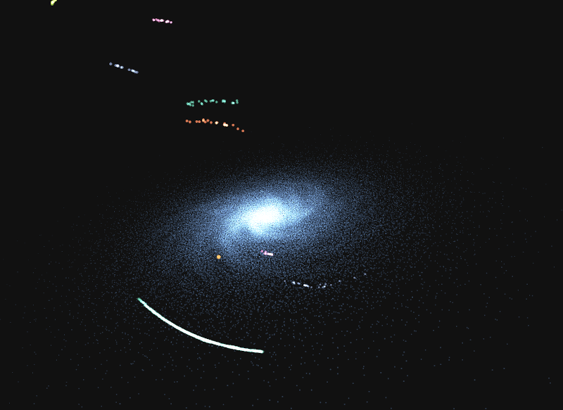A picture of a galaxy like the Milky Way represents the Milky Way; above and below the plane of the galaxy are colored arcs in which each dot represents a star