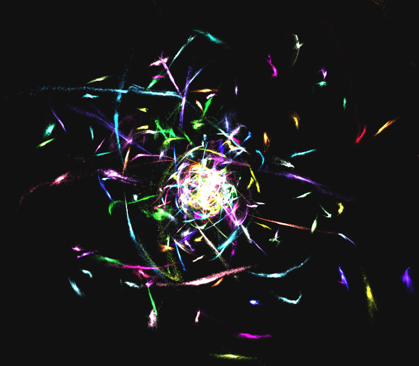 A visualization showing colorful streams of simulated stars orbiting the center of a galaxy