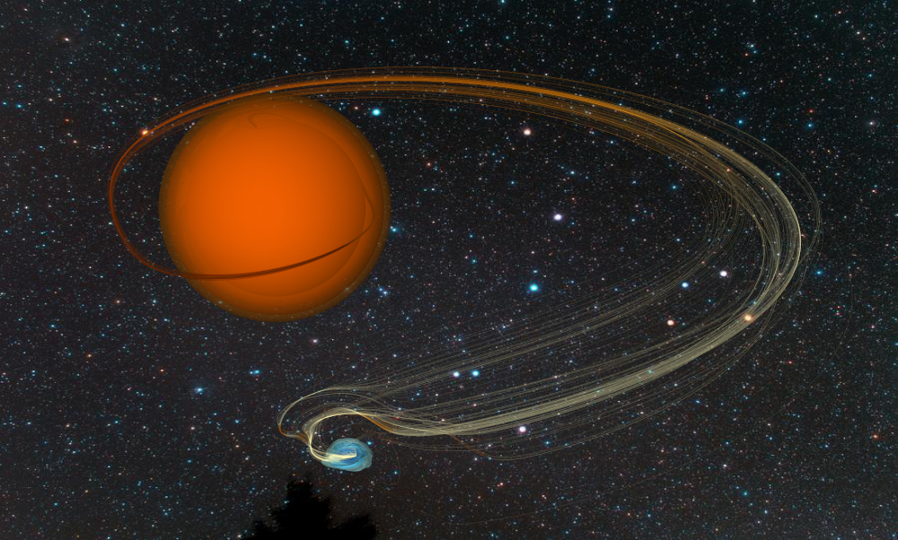 A big red star has a tail of gas coming off of it and spiraling toward a tiny white dwarf star