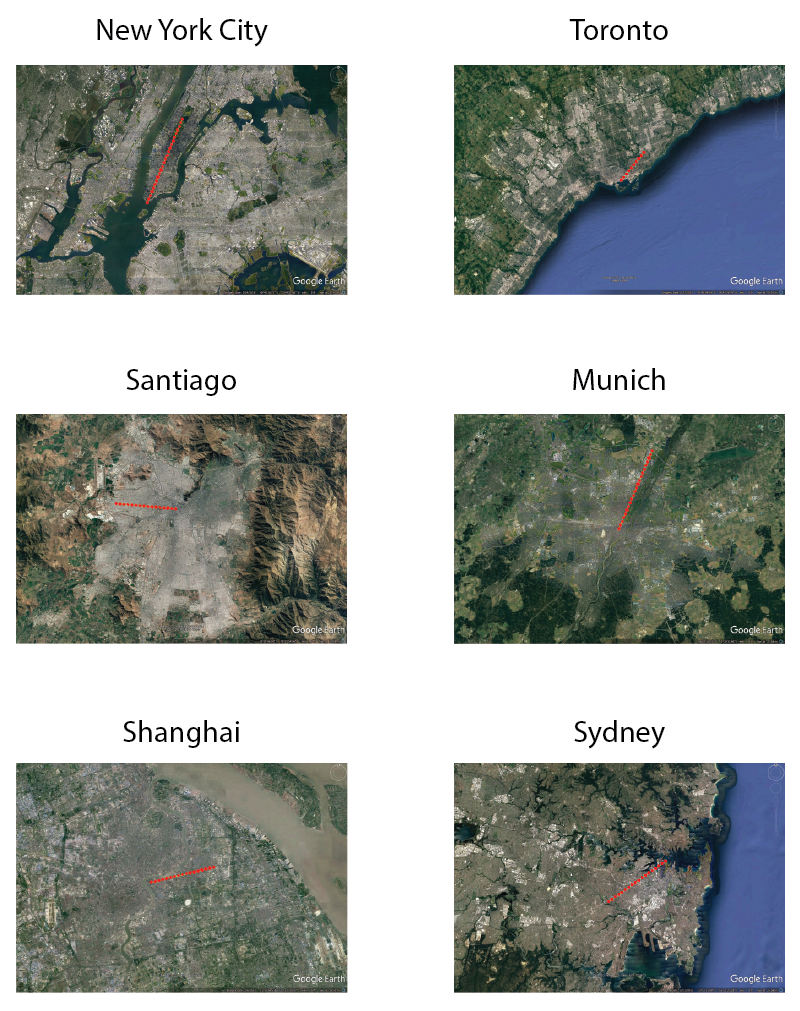 A grid of famous cities with red dots showing how far all SDSS plates ever observed would stretch if laid end-to-end
