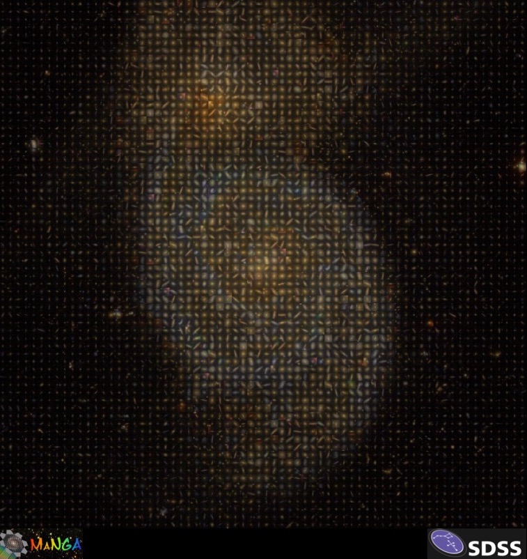 An image of the Whirlpool galaxy (M51); an iconic nearby galaxy, made using a Mosaic of images of one thousand galaxies, ten percent of the entire in the MaNGA sample. The top panel of the inset shows an SDSS image of galaxy <a href="http://skyserver.sdss.org/dr17/VisualTools/explore/summary?ra=51.115&dec=-0.086335" target="_blank" rel="noopener">MaNGA ID 1-37995</a>; the bottom panel shows the MaNGA datacube for that galaxy, displaying just 9 of the over 30 different maps available in the MaNGA data.

Explore an <a href="https://www.picturemosaics.com/photo-mosaic-tool/share/id/M1151686/p/p0" target="_blank" rel="noopener">interactive mosaic</a> of this image!

<strong>Image credit:</strong> Karen Masters and the SDSS collaboration